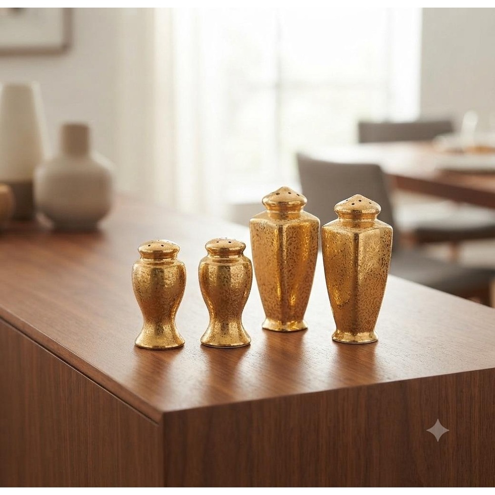 Vintage Stouffer Gold Ceramic Salt & Pepper Shakers, 2 Pair Set MCM, 1920s-1950s